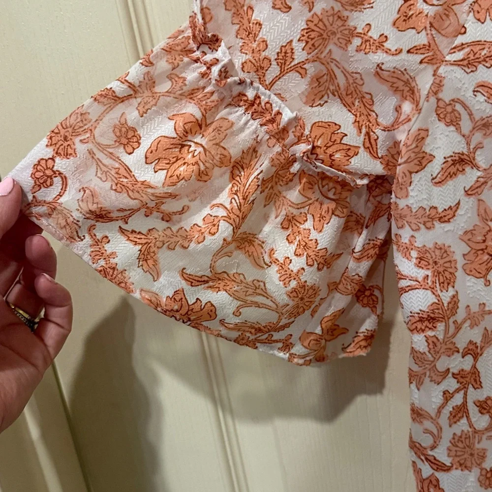 Loft floral coral ruffle cuff top, XSM - Picture 7 of 10